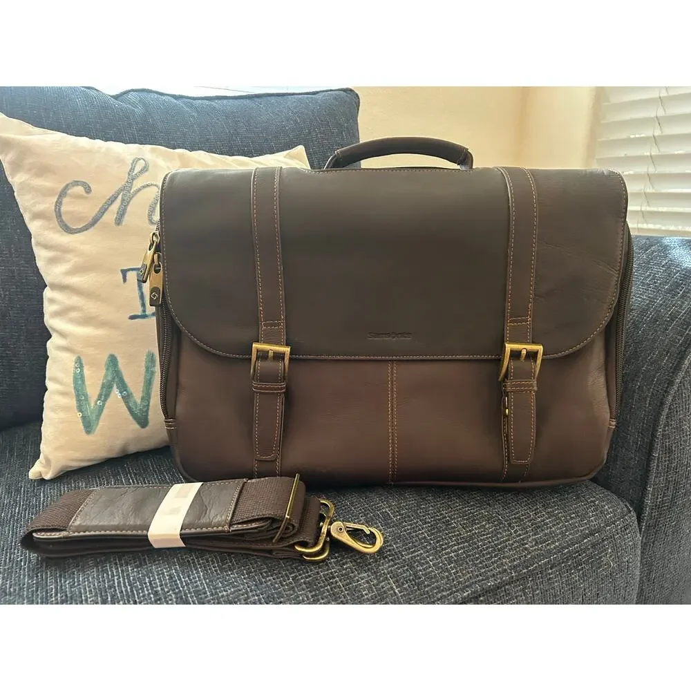 Samsonite Brown Leather Double Gusset Laptop Briefcase Messenger Bag 15.6”